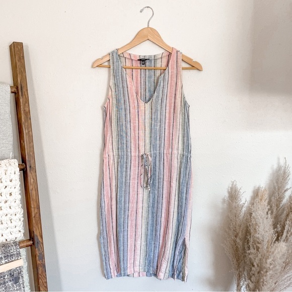 Drew Linen Blend Rainbow Stripes Drawstring Mini Dress - Picture 1 of 12